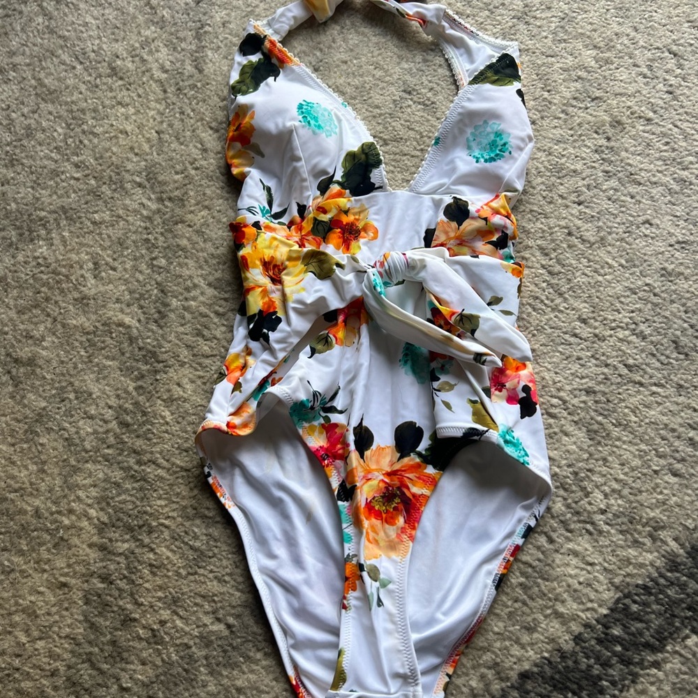 Floral One Piece Swimsuit White Tropical Print Tie Front Halter Bathing Suit